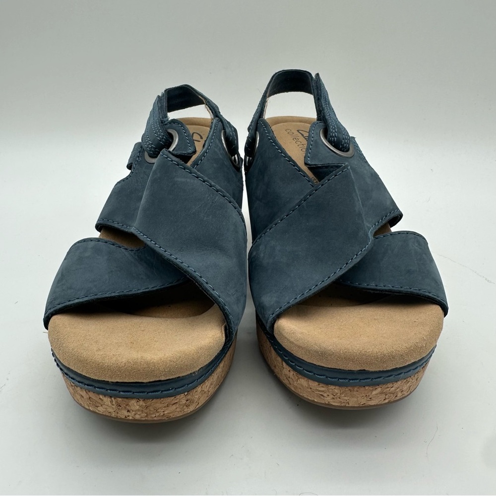 Clarks Giselle Navy Leather Wedge Sandals - Picture 2 of 9